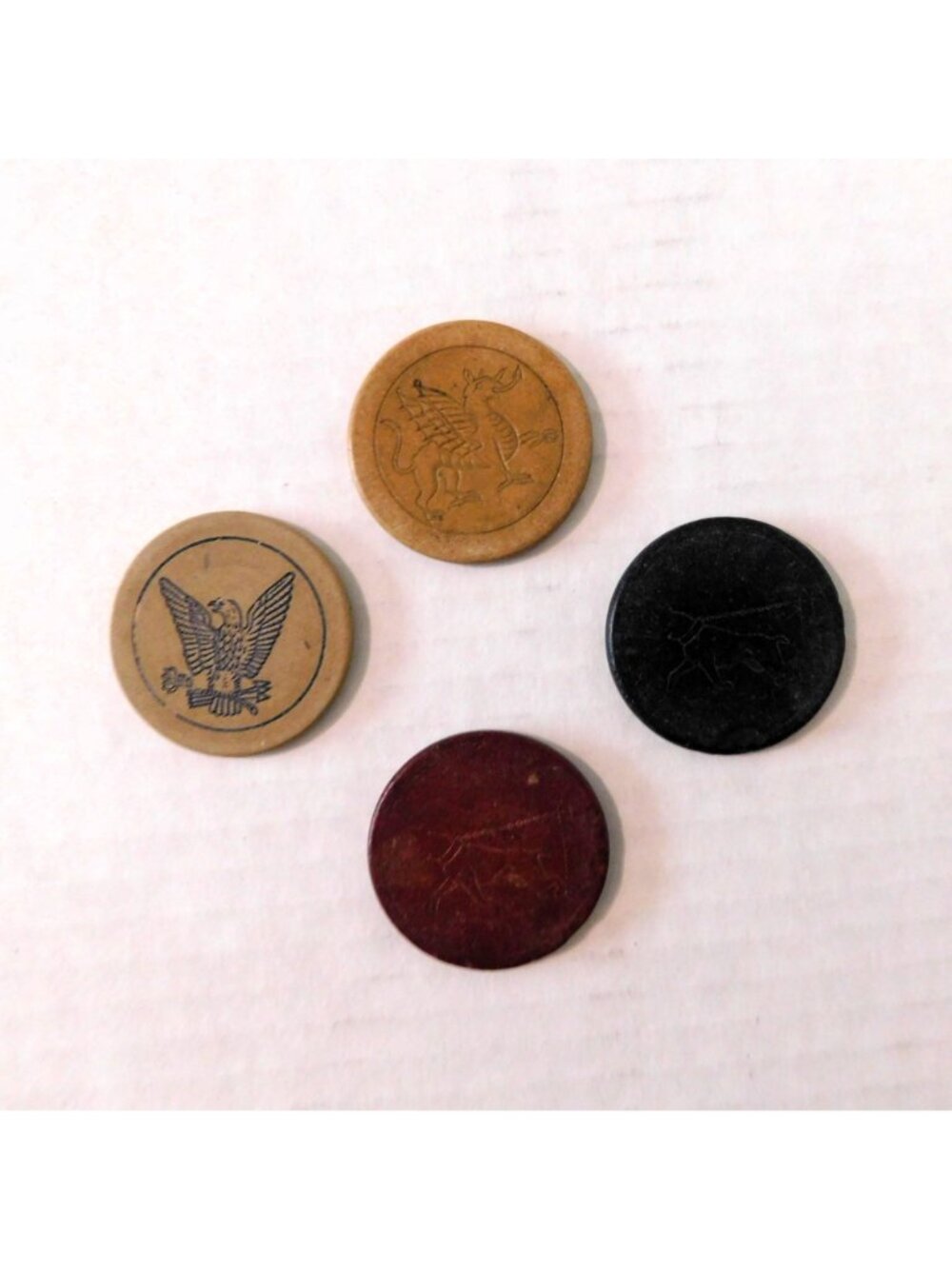 Vintage Clay Poker Chips Set Of 4 Griffin Eagle Hound Designs - Picture 2 of 7
